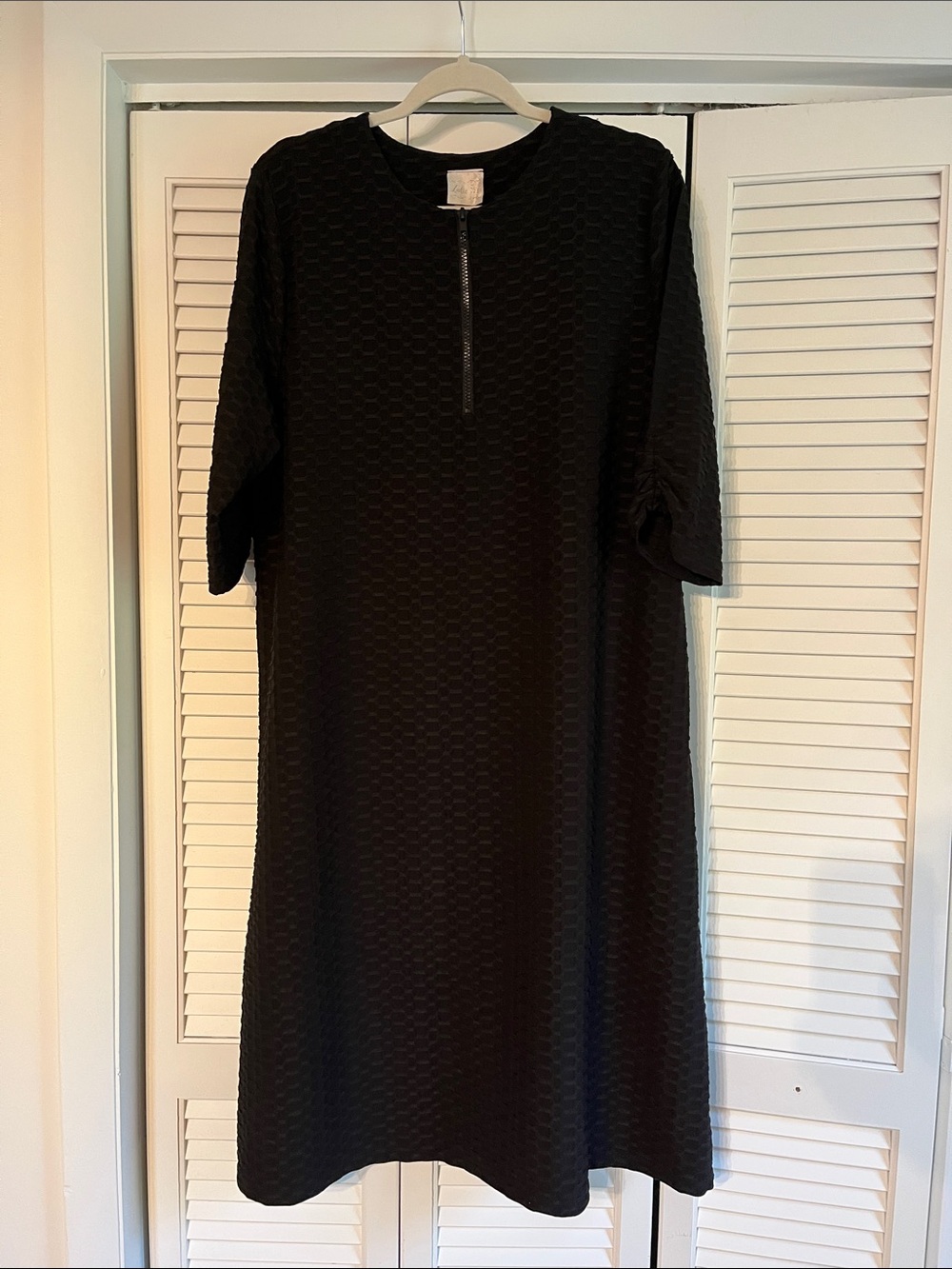 Classic Athletic/ Swimwear Black Waffle Textured Midi Dress with Zip Detail